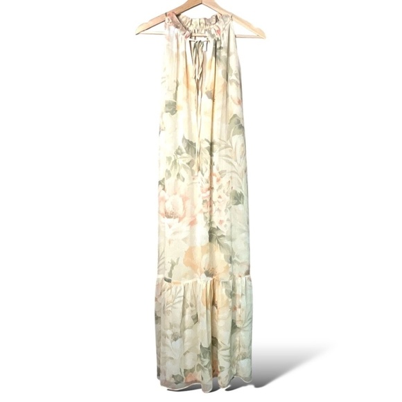 H & M Floral Poly Chiffon Tiered Maxi Dress Ruffle Trim Neckline Fully Lined L - Picture 1 of 8